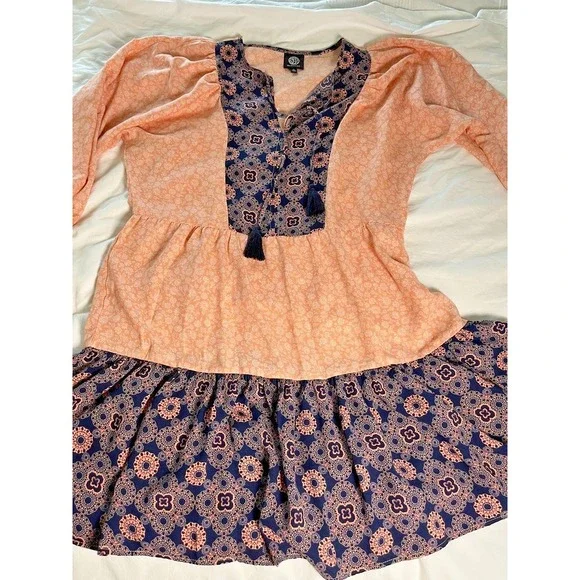 Bobeau Peasant Dress Sz M Coral/Navy Colorblock Boho Tassels - Picture 4 of 11